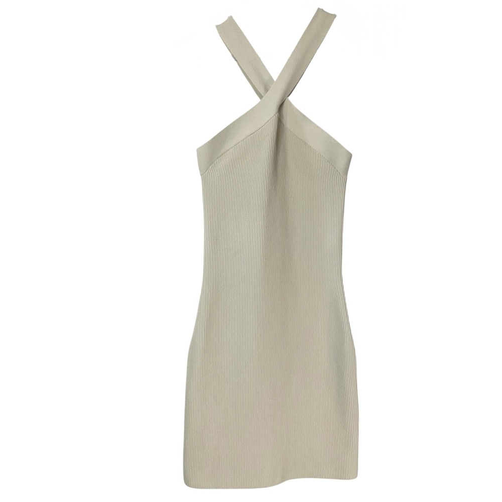 Babaton Ribbed Knit Halter Criss Cross Bodycon Mini Dress Beige Size M